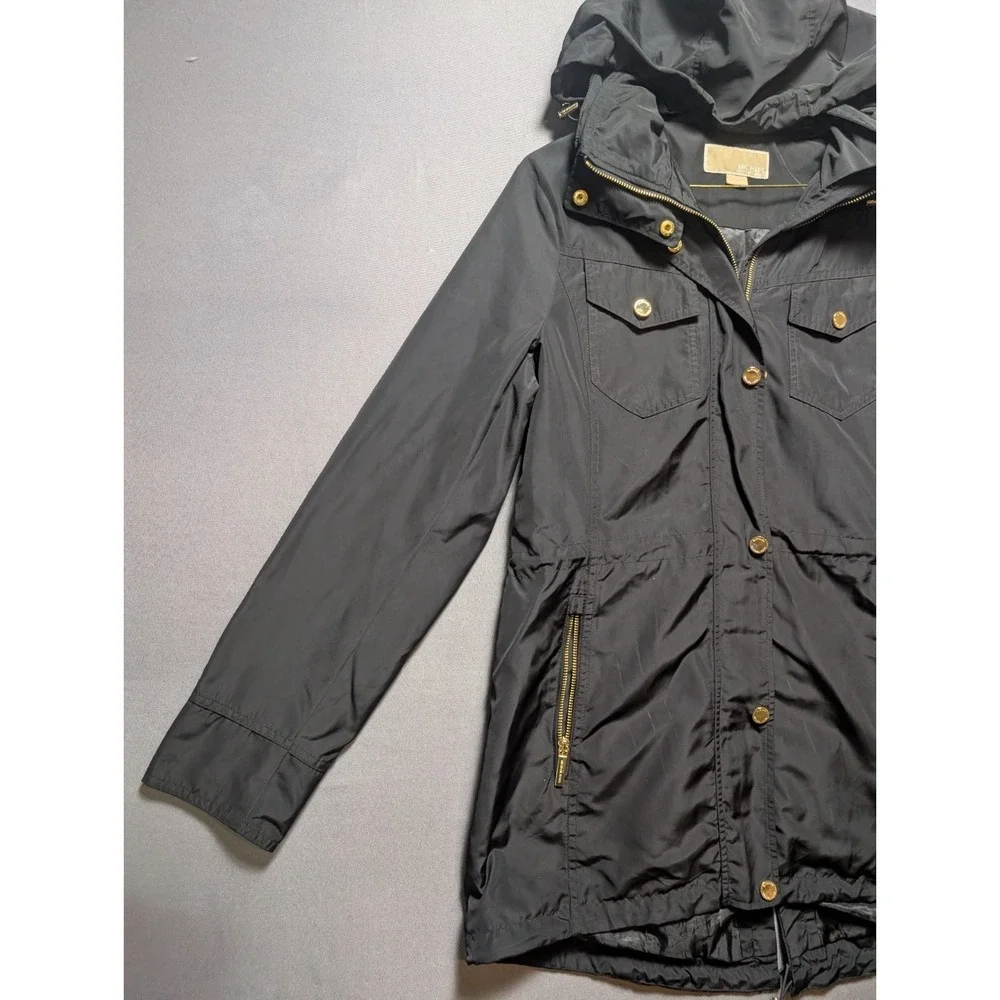 Michael Kors Anorak Jacket Womens M Black Cinch-Waist Utility Hooded Full Zip